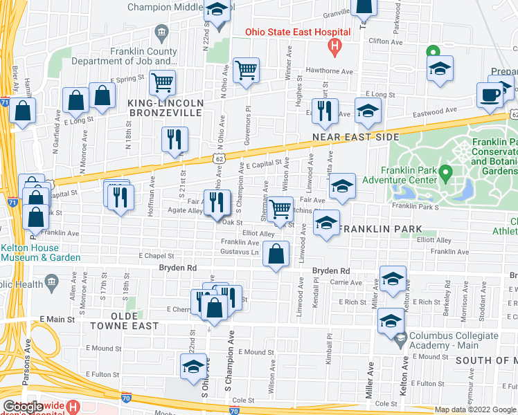 map of restaurants, bars, coffee shops, grocery stores, and more near 1200 Oak Street in Columbus