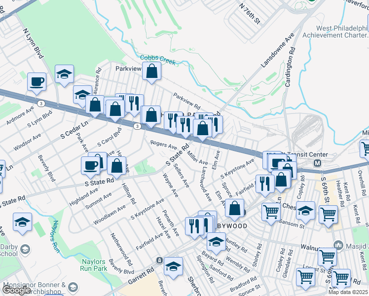map of restaurants, bars, coffee shops, grocery stores, and more near 30 S State Rd in Delaware