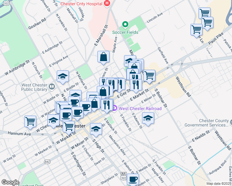 map of restaurants, bars, coffee shops, grocery stores, and more near 314 East Gay Street in West Chester