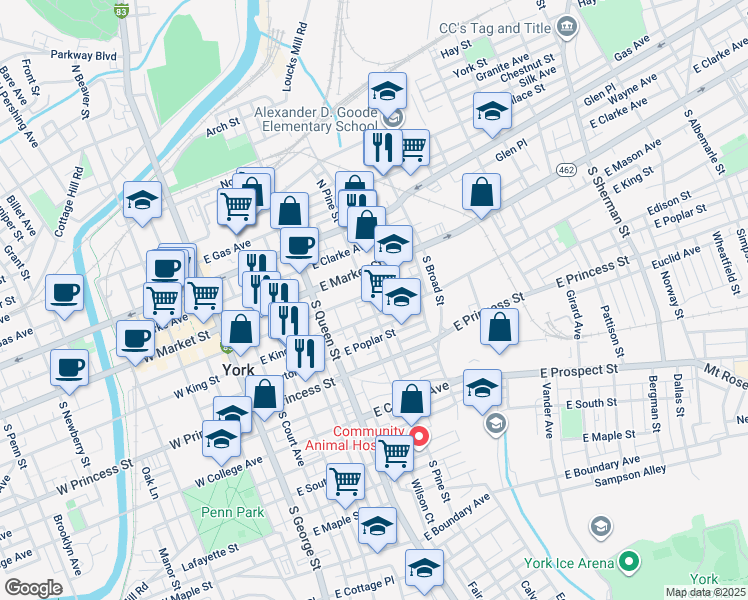 map of restaurants, bars, coffee shops, grocery stores, and more near 57 South Pine Street in York