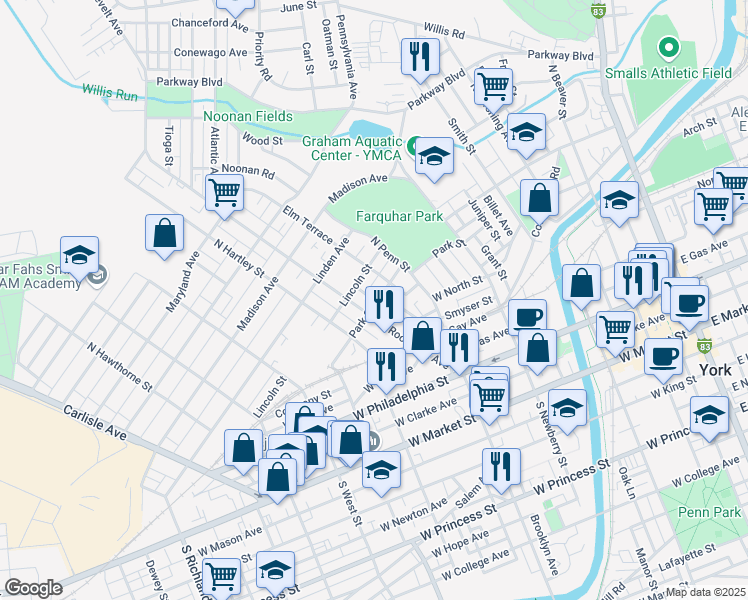 map of restaurants, bars, coffee shops, grocery stores, and more near 455 Park Street in York