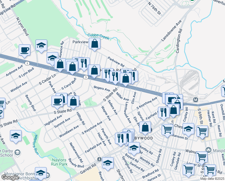 map of restaurants, bars, coffee shops, grocery stores, and more near 30 South State Road in Upper Darby