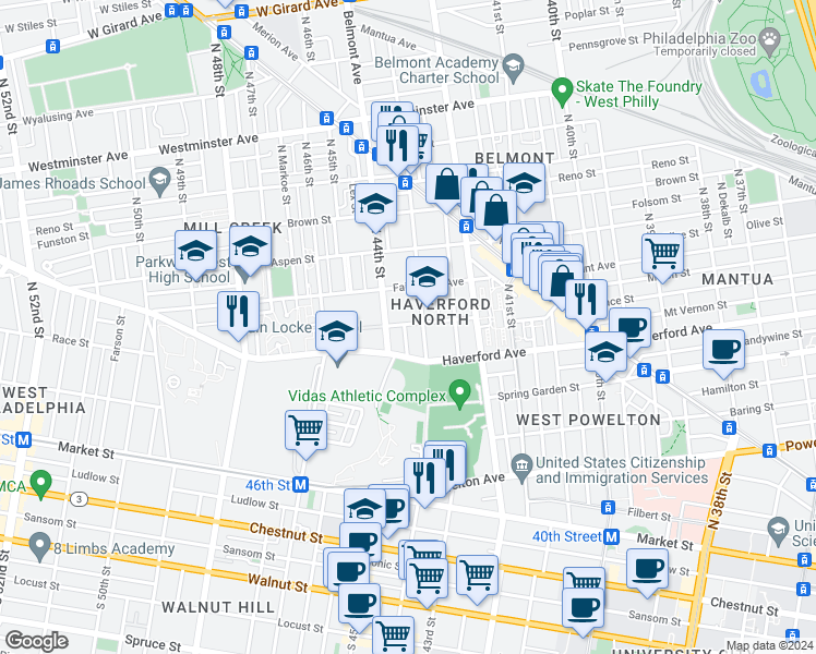 map of restaurants, bars, coffee shops, grocery stores, and more near 4318 Wallace Street in Philadelphia