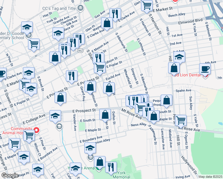 map of restaurants, bars, coffee shops, grocery stores, and more near 368 Norway Street in York