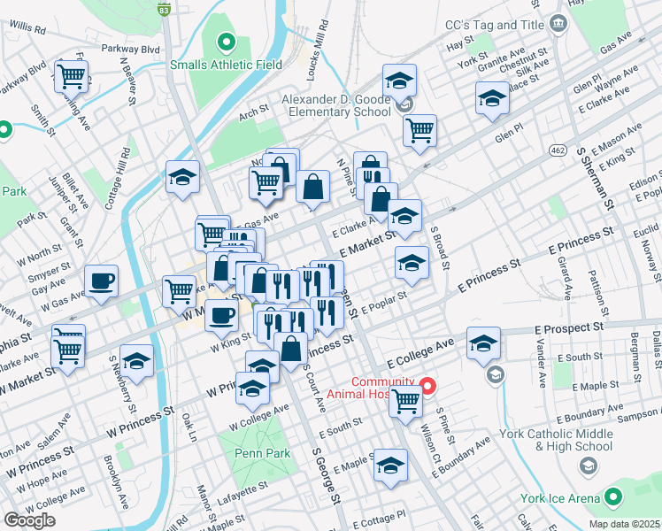 map of restaurants, bars, coffee shops, grocery stores, and more near 162 East Market Street in York