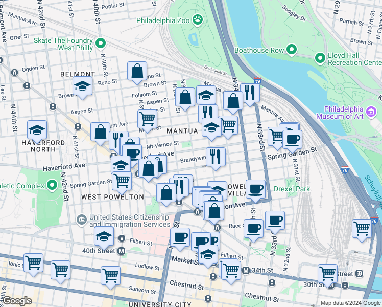 map of restaurants, bars, coffee shops, grocery stores, and more near 3700 Haverford Avenue in Philadelphia