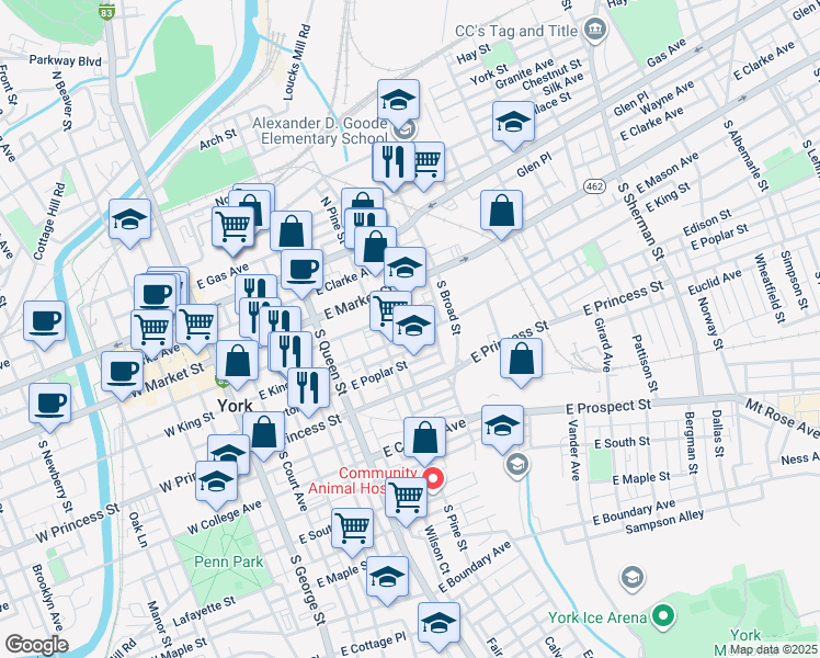 map of restaurants, bars, coffee shops, grocery stores, and more near 331 East King Street in York