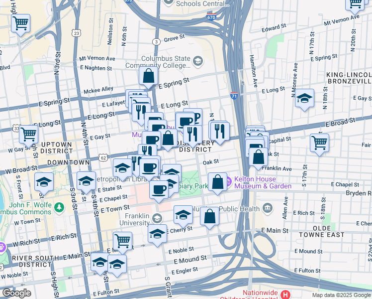 map of restaurants, bars, coffee shops, grocery stores, and more near 471 East Capital Street in Columbus