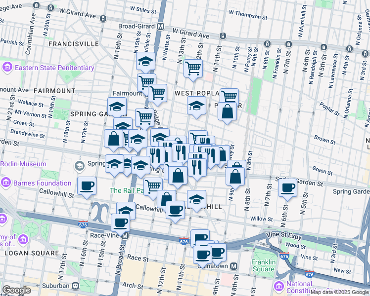 map of restaurants, bars, coffee shops, grocery stores, and more near 1142 Mount Vernon Street in Philadelphia