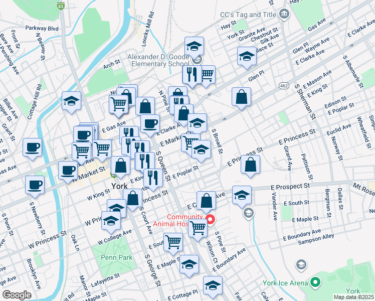 map of restaurants, bars, coffee shops, grocery stores, and more near 57 South Pine Street in York