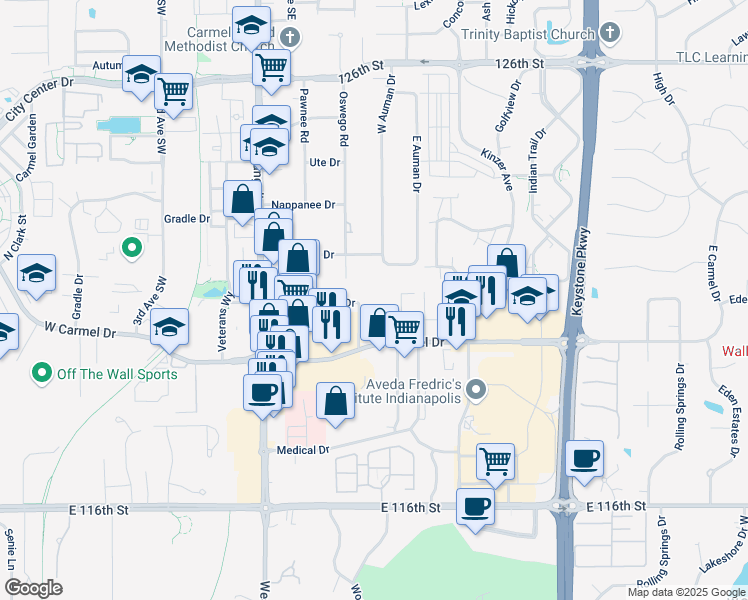 map of restaurants, bars, coffee shops, grocery stores, and more near 301 Executive Drive in Carmel