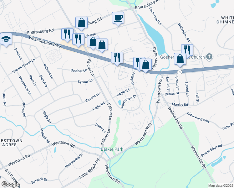 map of restaurants, bars, coffee shops, grocery stores, and more near 2211 Eagle Road in West Chester