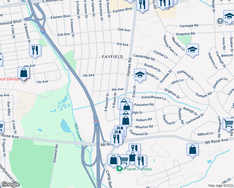 map of restaurants, bars, coffee shops, grocery stores, and more near 911 South Royal Street in York