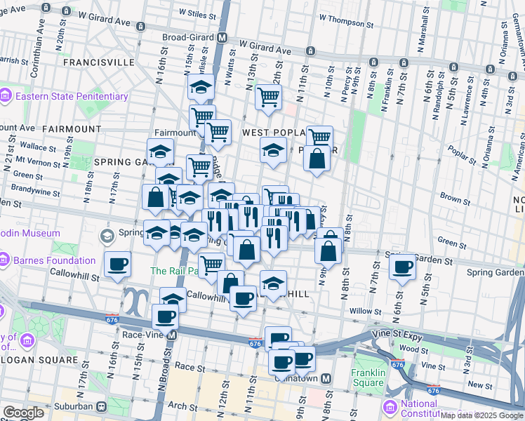map of restaurants, bars, coffee shops, grocery stores, and more near 1130 Mount Vernon Street in Philadelphia