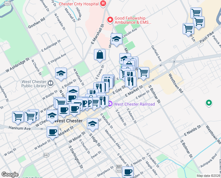 map of restaurants, bars, coffee shops, grocery stores, and more near 314 East Gay Street in West Chester