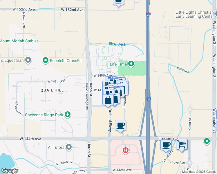 map of restaurants, bars, coffee shops, grocery stores, and more near 14693 Orchard Parkway in Westminster