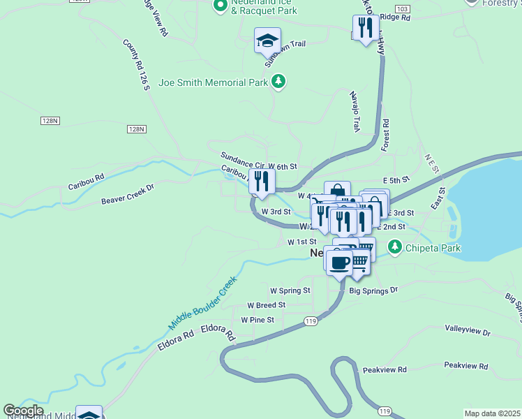 map of restaurants, bars, coffee shops, grocery stores, and more near 602 West 3rd Street in Nederland