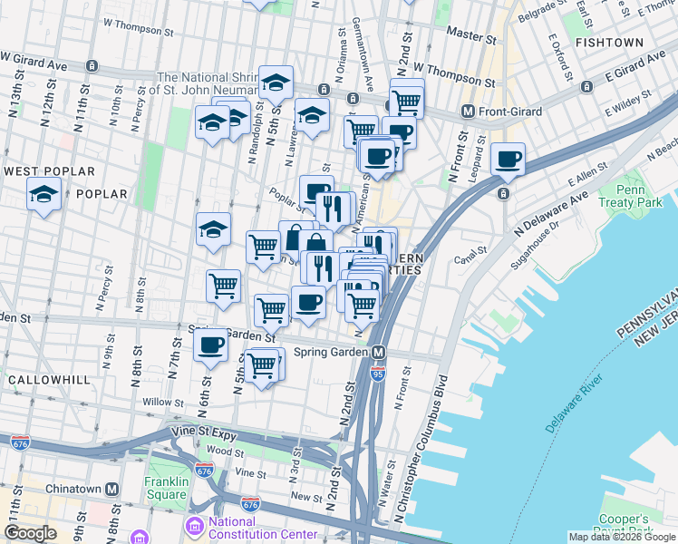map of restaurants, bars, coffee shops, grocery stores, and more near 728 North Bodine Street in Philadelphia