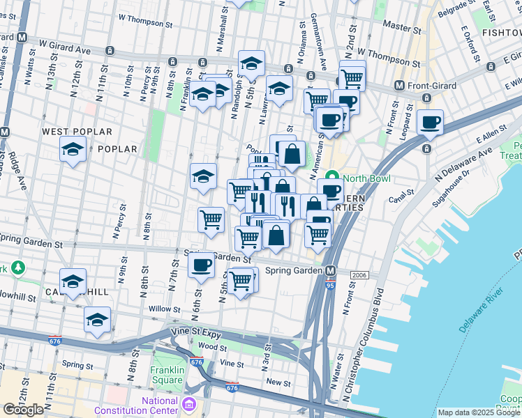 map of restaurants, bars, coffee shops, grocery stores, and more near 335 Fairmount Avenue in Philadelphia