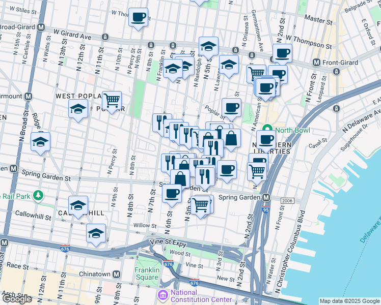 map of restaurants, bars, coffee shops, grocery stores, and more near 638 North 5th Street in Philadelphia