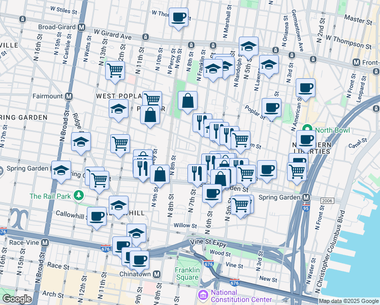 map of restaurants, bars, coffee shops, grocery stores, and more near 700 Wallace Street in Philadelphia