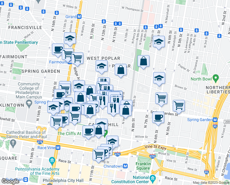 map of restaurants, bars, coffee shops, grocery stores, and more near 612 North 10th Street in Philadelphia