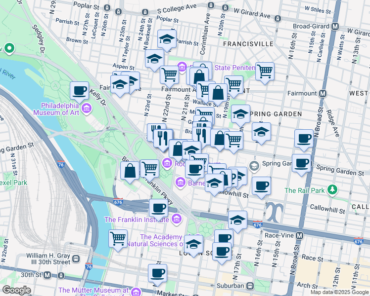 map of restaurants, bars, coffee shops, grocery stores, and more near 2001 Hamilton Street in Philadelphia