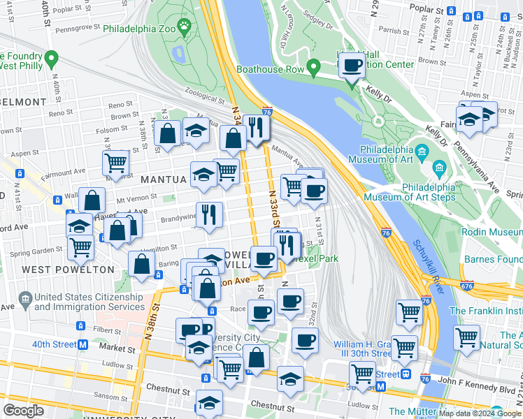map of restaurants, bars, coffee shops, grocery stores, and more near 440 North 33rd Street in Philadelphia