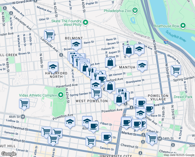 map of restaurants, bars, coffee shops, grocery stores, and more near 3940 Haverford Avenue in Philadelphia
