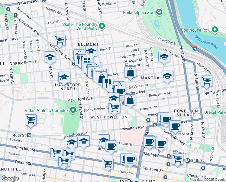 map of restaurants, bars, coffee shops, grocery stores, and more near in Philadelphia