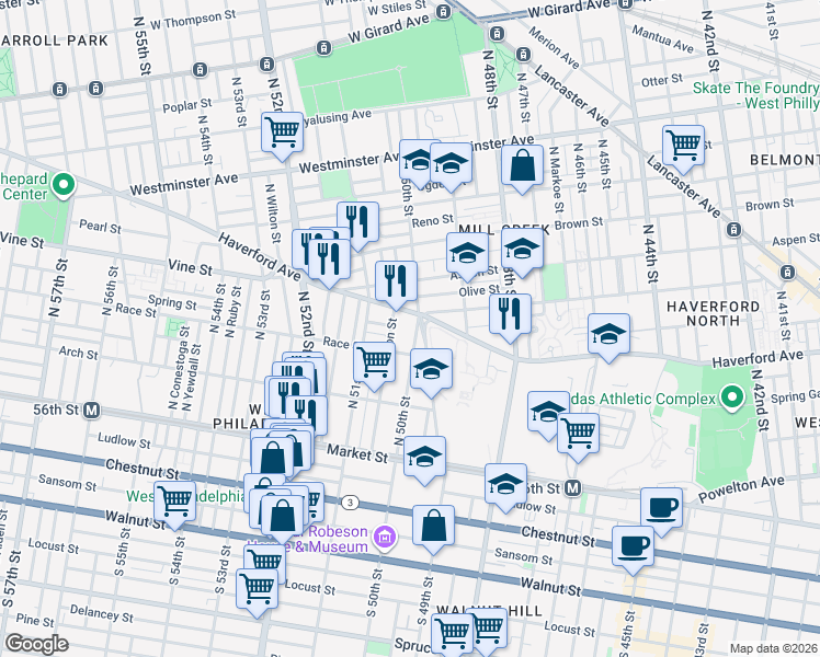 map of restaurants, bars, coffee shops, grocery stores, and more near 210 North 50th Street in Philadelphia