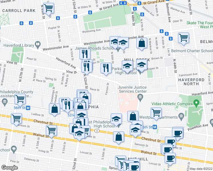 map of restaurants, bars, coffee shops, grocery stores, and more near 5031 Race Street in Philadelphia