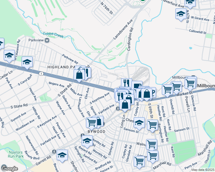 map of restaurants, bars, coffee shops, grocery stores, and more near 7216 West Chester Pike in Delaware County