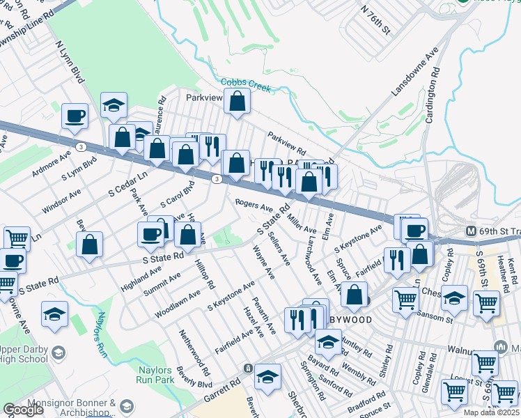 map of restaurants, bars, coffee shops, grocery stores, and more near 7759 Wayne Avenue in Delaware County