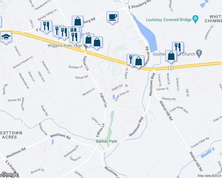 map of restaurants, bars, coffee shops, grocery stores, and more near 2202 Eagle Road in West Chester