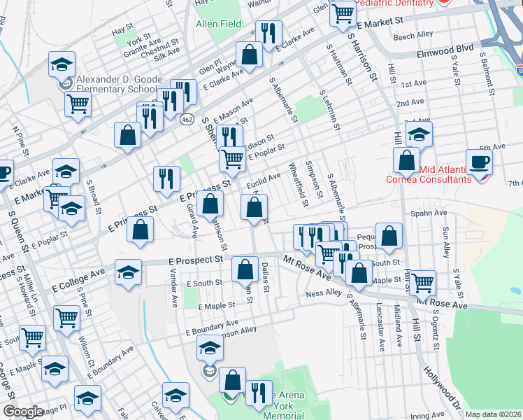 map of restaurants, bars, coffee shops, grocery stores, and more near 380 Norway Street in York