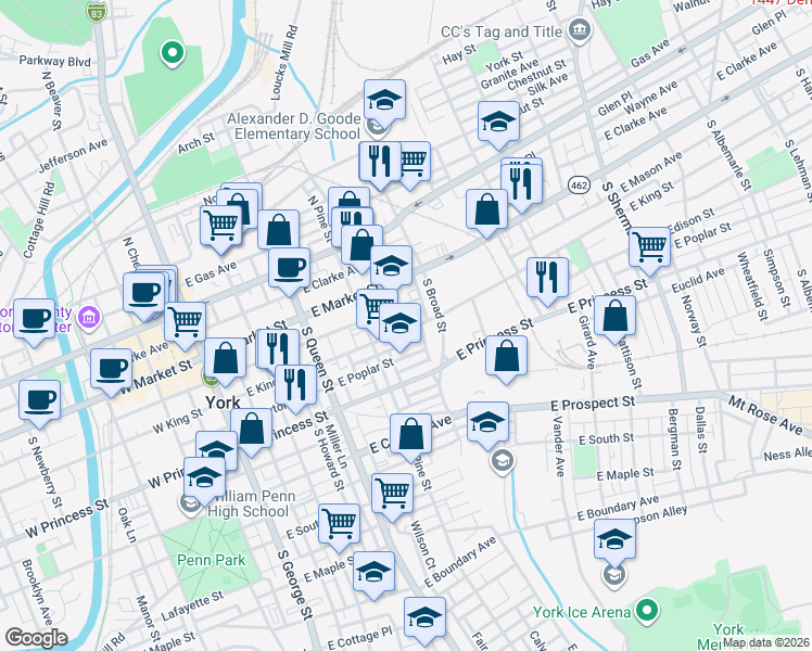 map of restaurants, bars, coffee shops, grocery stores, and more near 117 Edgar Street in York