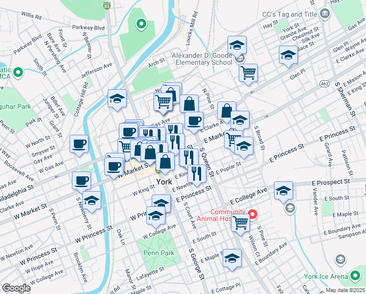 map of restaurants, bars, coffee shops, grocery stores, and more near 116 East Market Street in York