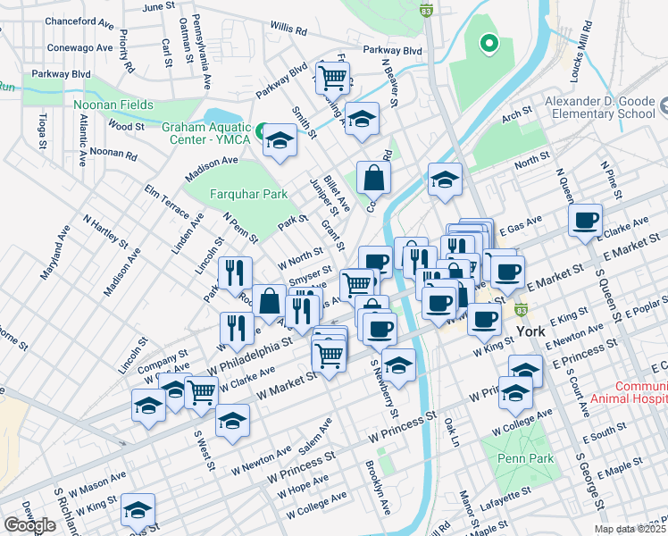 map of restaurants, bars, coffee shops, grocery stores, and more near 330 Smyser Street in York