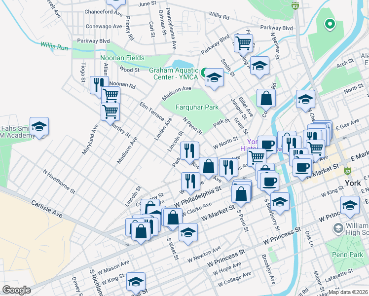 map of restaurants, bars, coffee shops, grocery stores, and more near 261 Roosevelt Avenue in York