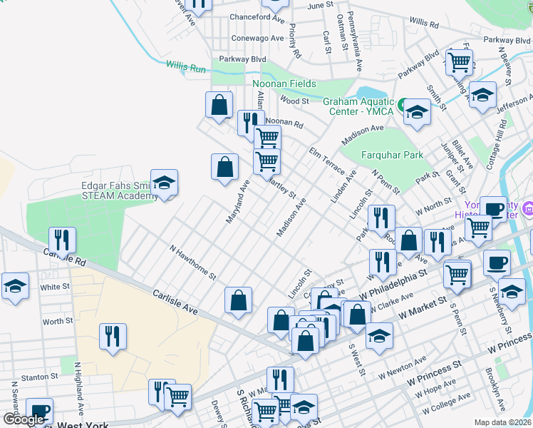 map of restaurants, bars, coffee shops, grocery stores, and more near 557 Rockdale Avenue in York