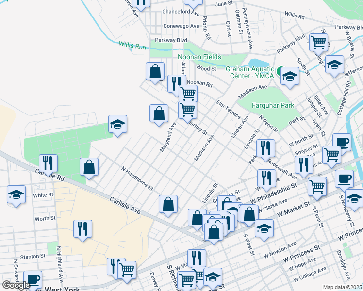 map of restaurants, bars, coffee shops, grocery stores, and more near 601 North West Street in York