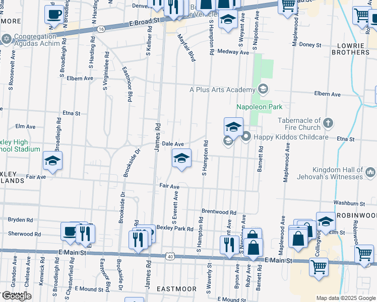 map of restaurants, bars, coffee shops, grocery stores, and more near 434 Mayfair Boulevard in Columbus