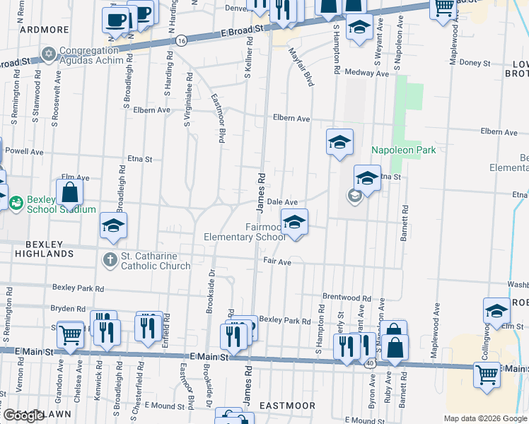 map of restaurants, bars, coffee shops, grocery stores, and more near 418 South James Road in Columbus