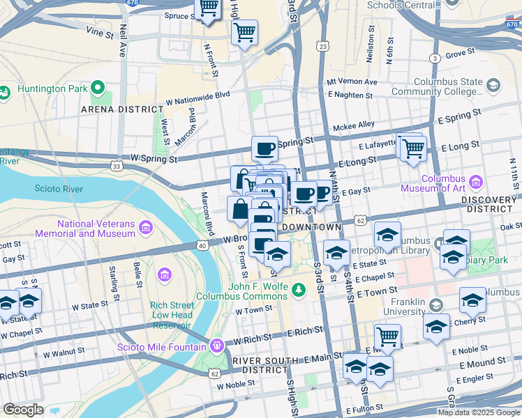 map of restaurants, bars, coffee shops, grocery stores, and more near 52 East Gay Street in Columbus