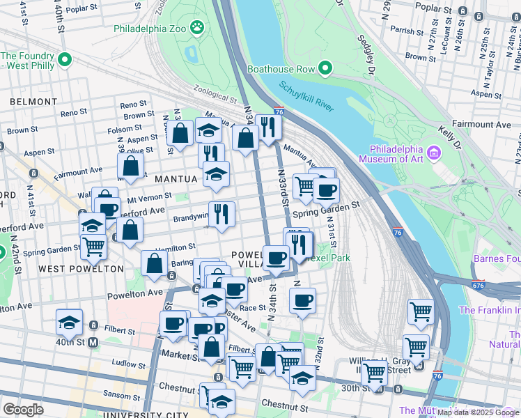 map of restaurants, bars, coffee shops, grocery stores, and more near 516 North 34th Street in Philadelphia
