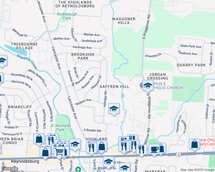 map of restaurants, bars, coffee shops, grocery stores, and more near 990 Hillridge Road in Reynoldsburg