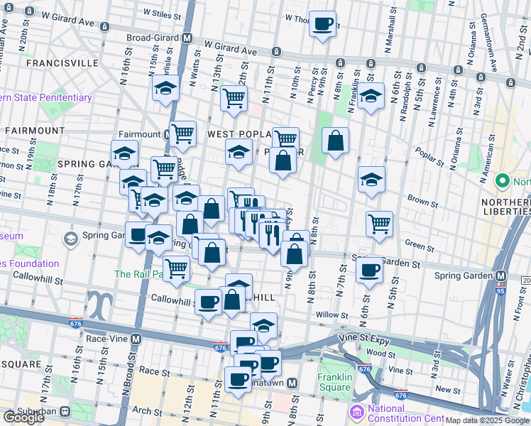 map of restaurants, bars, coffee shops, grocery stores, and more near 1031 Mount Vernon Street in Philadelphia