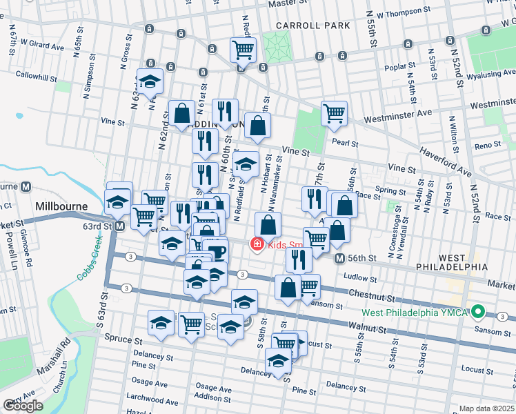 map of restaurants, bars, coffee shops, grocery stores, and more near 5839 Arch St in Philadelphia