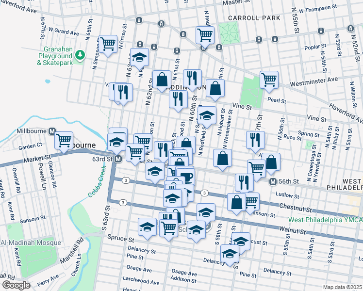 map of restaurants, bars, coffee shops, grocery stores, and more near 63 North Edgewood Street in Philadelphia